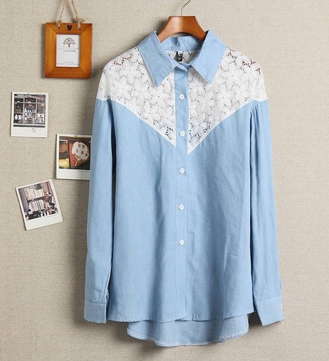 Long Sleeve lace patched blouse